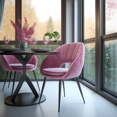 Wall Mural - Cozy modern living room interior with pink armchair and decoration room big window in the background, Generative AI
