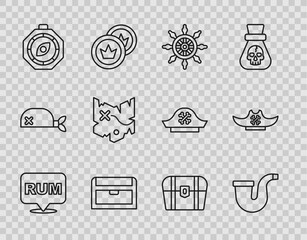 Wall Mural - Set line Alcohol drink Rum, Smoking pipe, Ship steering wheel, Antique treasure chest, Compass, Pirate map, and hat icon. Vector