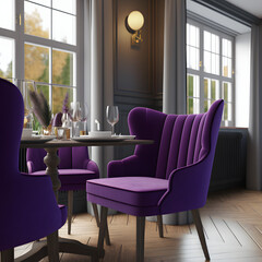 Wall Mural - Cozy modern living room interior with purple armchair and decoration room big window in the background, Generative AI
