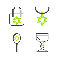 Canvas Print - Set line Jewish goblet, Balloons with ribbon with star of david, Star David necklace chain and Shopping bag icon. Vector