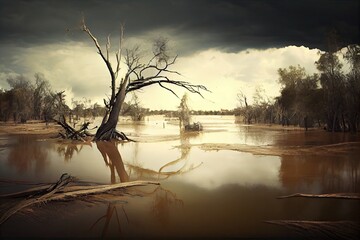 Wall Mural - flood waters over ground forest disaster consequences, created with generative ai