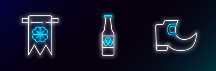 Poster - Set line Tradition leprechaun boots, Four leaf clover and party pennant and Beer bottle with four icon. Glowing neon. Vector