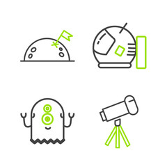 Sticker - Set line Telescope, Alien, Astronaut helmet and Planet with flag icon. Vector