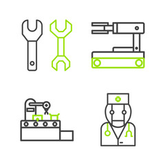 Poster - set line robot doctor, factory conveyor system belt, and spanner icon. vector