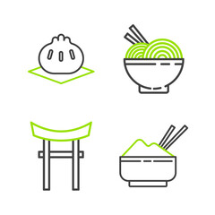 Wall Mural - Set line Rice in a bowl with chopstick, Japan Gate, Asian noodles and chopsticks and Khinkali on cutting board icon. Vector