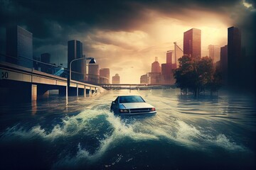 Poster - dangerous flooding and high water after disaster in city flood consequences, created with generative ai