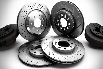 Sticker - Set of four brake discs for cars isolated on white background, created with generative ai