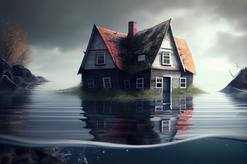 Poster - houses submerged under water in result of deluge and flood consequences, created with generative ai