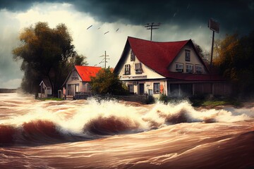 Poster - flooding of village and high wave consequences on river waterfront, created with generative ai