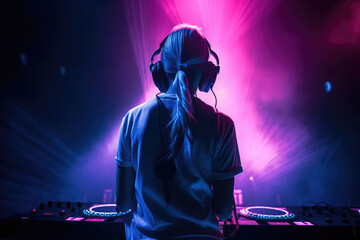 Wall Mural - Female girl back rear view DJ spinning records at a club on a digital turntable to play dance music at a party with retro pink and blue light and copy space, generative ai