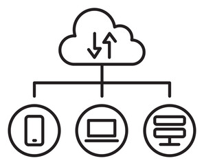 Poster - Project management phone, laptop, server, arrows, cloud storage vector icon illustration