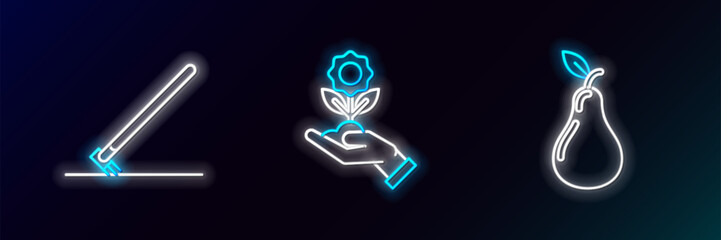 Sticker - Set line Pear, Garden rake in work and Hand holding flower icon. Glowing neon. Vector