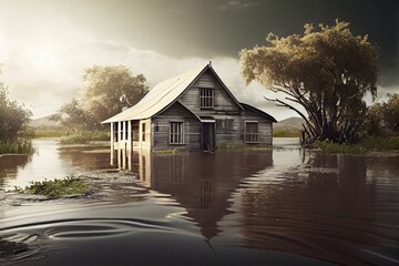 Poster - floodwaters have engulfed territory of village and have filled yard of house with flood consequences, created with generative ai