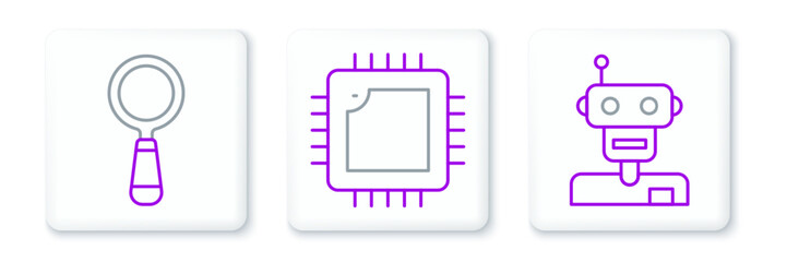 Poster - Set line Robot, Magnifying glass and Processor with CPU icon. Vector