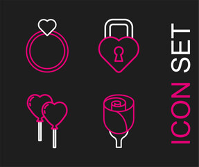 Poster - Set line Flower rose, Balloons in form of heart, Castle the shape and Wedding rings icon. Vector