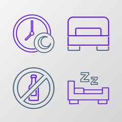 Sticker - Set line Time to sleep, No alcohol, Big bed and icon. Vector