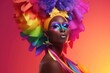 Fictional Black Drag Queen: Man dressed up as a woman on vibrantly coloured background for pride month or black history month, performance art, fictional person created with generative ai