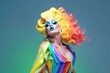 Fictional Drag Queen: Man dressed up as a woman on vibrantly coloured background, performance art, concept for coming out day, lgbt history month, lgbtqa+ history month or pride history month