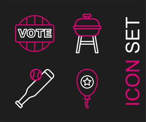 Sticker - Set line Balloons, Baseball bat with ball, Barbecue grill and Vote icon. Vector