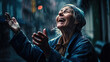 © nenetus - Beautiful and smiling mature woman enjoying the rain falling on her in the middle of the city. Generative AI