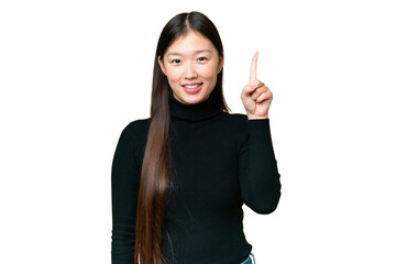 Wall Mural - Young Asian woman over isolated chroma key background pointing up a great idea