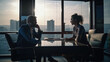 © nenetus - Couple of confident executies talking and having a posit in a modern office.Generative AI