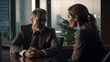 © nenetus - Couple of confident executies talking and having a posit in a modern office. Generative AI
