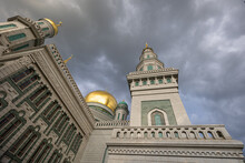 Mosque In Moscow Seen During Sunny Sunset Of A Rainy Day