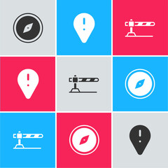 Sticker - Set Compass, Location with exclamation mark and Parking car barrier icon. Vector