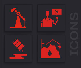 Sticker - Set Drop in crude oil price, Oil pump or pump jack, Nature saving protest and Barrel oil leak icon. Vector