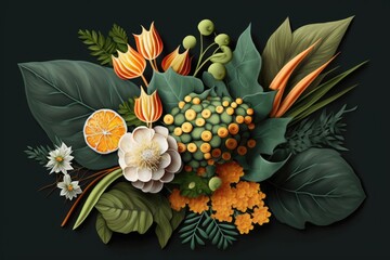 Poster - floral composition with green leaves and yellow and orange flowers bouquet like as candies, created with generative ai