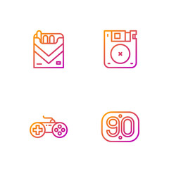 Sticker - Set line 90s Retro, Gamepad, Cigarettes pack box and Floppy disk. Gradient color icons. Vector