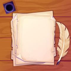 Wall Mural - wooden desk, table with parchment paper notes, inkwell and feather pen top view in cartoon style. Antique document, empty pages.