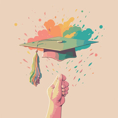 Hand throwing graduate cap in the air. Concept for happy graduation poster or card template design. Flat vector illustration. Generative AI