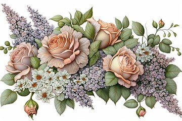 Poster - floral spring bouquet of delicate peach roses and lilac flowers like as candies, created with generative ai