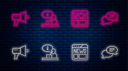 Sticker - Set line Television report, News, Megaphone and Speech bubble chat. Glowing neon icon on brick wall. Vector