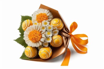 Poster - bouquet of yellow orange flowers isolated on white background as confectionery bouquet like as candies, created with generative ai