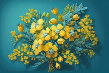 Poster - delicate bright yellow flowers bouquet like as candies on blue background, created with generative ai