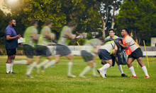 Rugby Men, Running Or Sports Sequence On Field For Game Practice Or Match Training For Team Goals. Speed Of Athlete Players In Strong Tackle On Pitch For Gaming Event Outdoor In Action Or Motion Blur