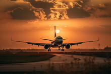 Airplane Taking Off Or Landing From The Runaway In The Sunset . Golden Hour Photo. Vacation Airliner Jet Angine Plane Take Off. Ai Generated