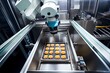 food factory, with robotic arms preparing meals in a sterile environment, created with generative ai