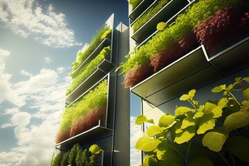 Wall Mural - vertical farm,with crops grown on vertical walls and in hanging baskets, created with generative ai