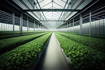 Poster - food production facility, with rows of crops growing in indoor greenhouse, created with generative ai