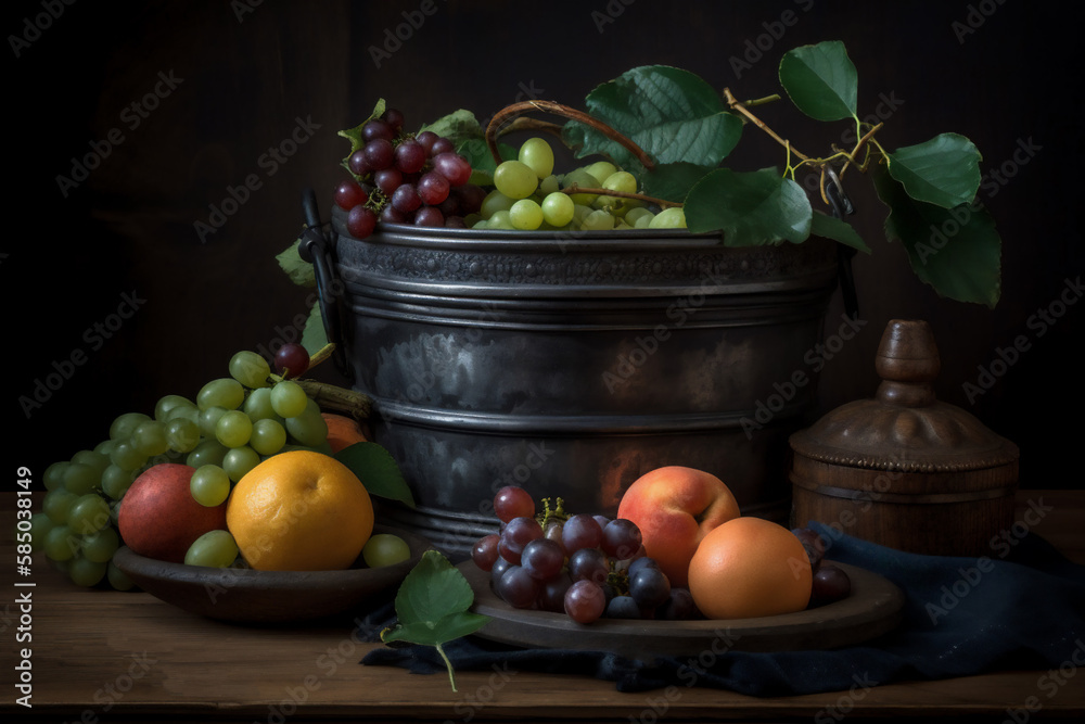 Still life with fresh fruits on a wooden table. Black background ...