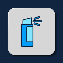 Sticker - Filled outline Pepper spray icon isolated on blue background. OC gas. Capsicum self defense aerosol. Vector