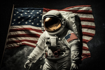 Wall Mural - cosmonaut or astronaut in a spacesuit on the moon surface with the american flag. moon landing usa f