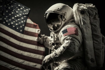 Wall Mural - cosmonaut or astronaut in a spacesuit on the moon surface with the american flag. moon landing usa f