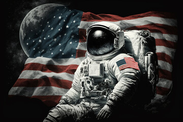 Wall Mural - cosmonaut or astronaut in a spacesuit on the moon surface with the american flag. moon landing usa f