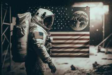 Wall Mural - cosmonaut or astronaut in a spacesuit on the moon surface with the american flag. moon landing usa f