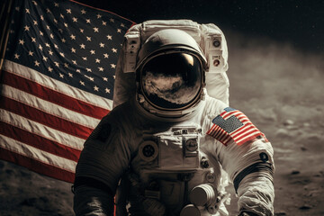 Wall Mural - cosmonaut or astronaut in a spacesuit on the moon surface with the american flag. moon landing usa f